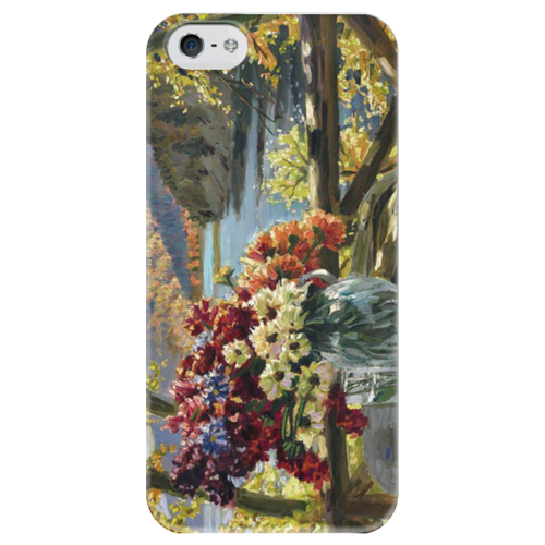 Заказать чехол для iPhone 5/5S в Москве. Чехол для iPhone 5 глянцевый, с полной запечаткой Цветы на фоне озера от trend - готовые дизайны и нанесение принтов.