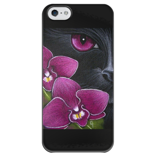Заказать чехол для iPhone 5/5S в Москве. Чехол для iPhone 5 глянцевый, с полной запечаткой Чёрная кошка и орхидеи от Виктор Гришин - готовые дизайны и нанесение принтов.