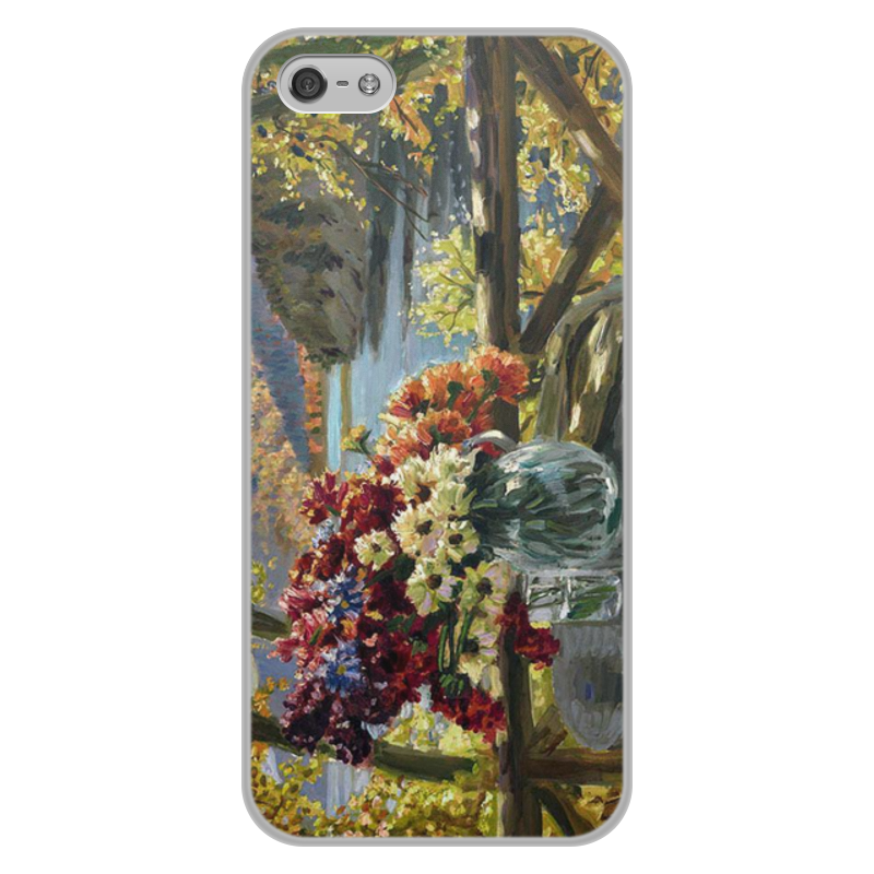 Printio Чехол для iPhone 5/5S, объёмная печать Цветы на фоне озера (картина вещилова) printio чехол для iphone 5 5s объёмная печать зимний пейзаж с елями картина вещилова