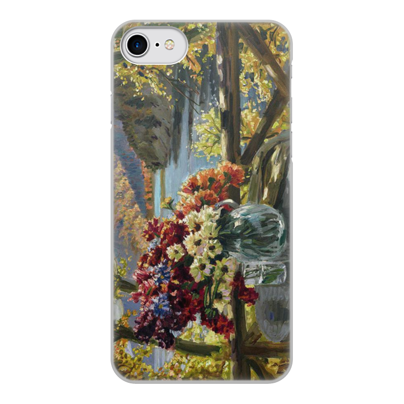 Printio Чехол для iPhone 7, объёмная печать Цветы на фоне озера (картина вещилова) printio чехол для iphone 7 объёмная печать зимний пейзаж с елями картина вещилова
