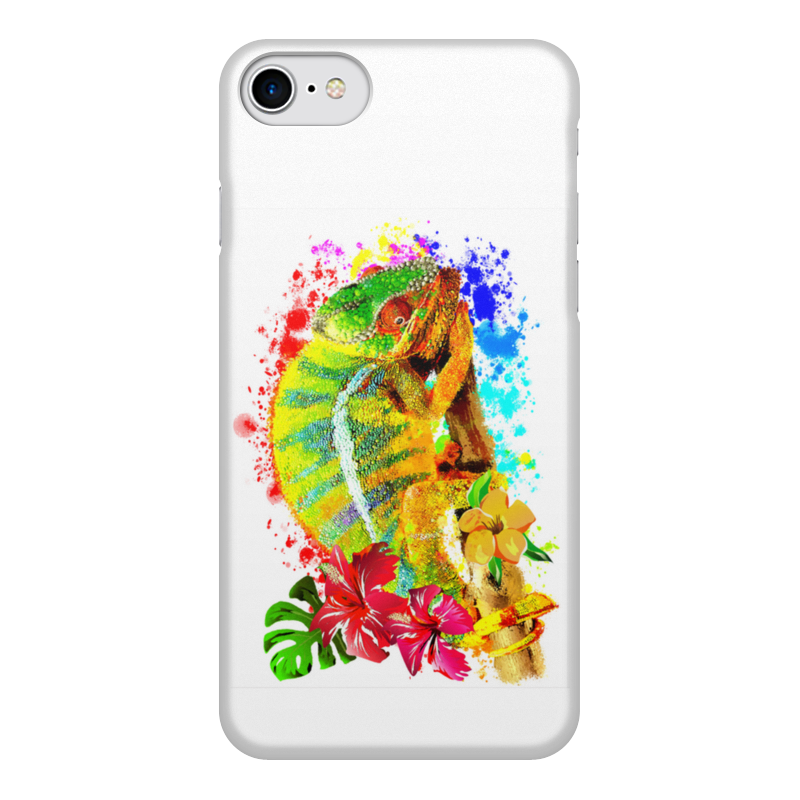 Printio Чехол для iPhone 8, объёмная печать Хамелеон с цветами в пятнах краски. printio чехол для iphone 8 объёмная печать зеленый хамелеон на ветке