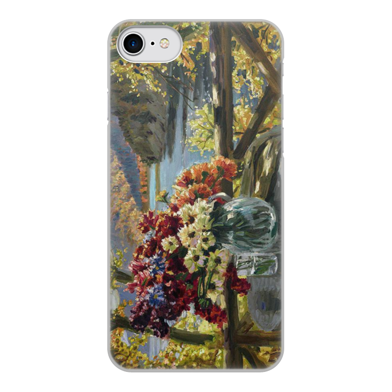 Printio Чехол для iPhone 8, объёмная печать Цветы на фоне озера (картина вещилова) printio чехол для iphone 8 объёмная печать зимний пейзаж с елями картина вещилова