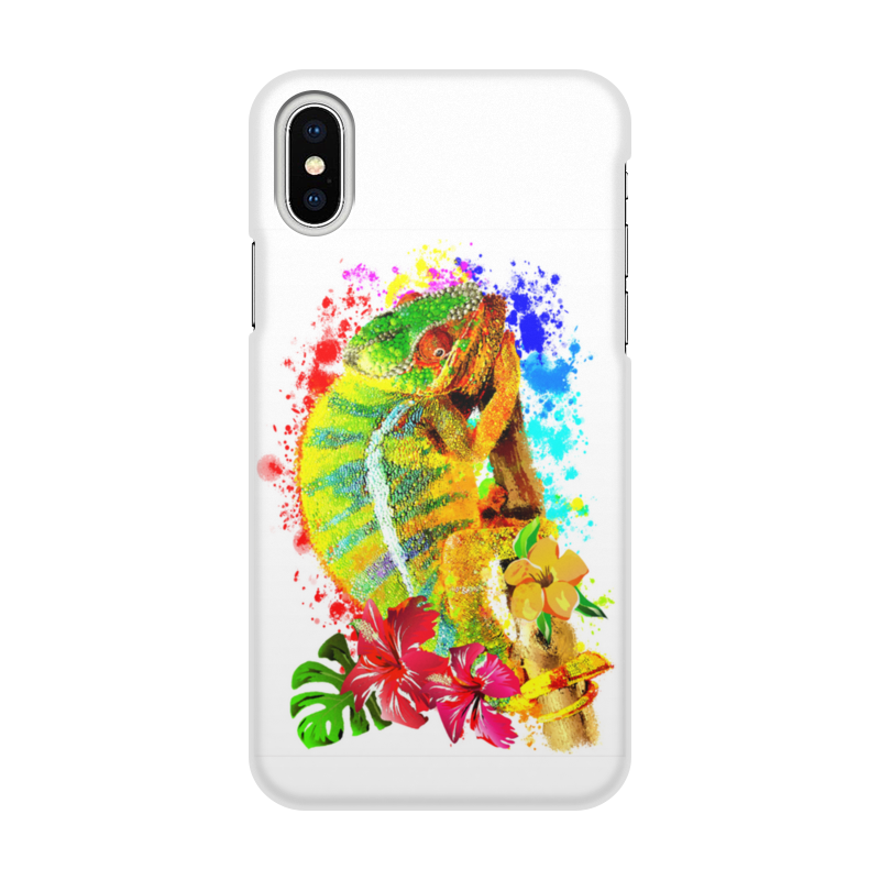 Printio Чехол для iPhone X/XS, объёмная печать Хамелеон с цветами в пятнах краски. printio чехол для iphone x xs объёмная печать кит и краски