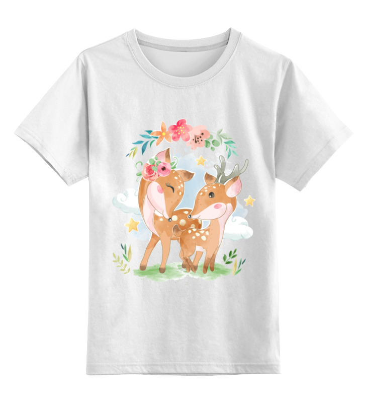 Printio Детская футболка классическая унисекс Два олененка гуляют на лужайке среди цветов детская футболка енот среди цветов и листьев 128 белый