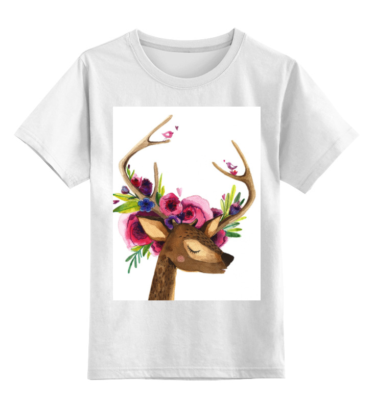 printio детская футболка классическая унисекс новогодний олененок Printio Детская футболка классическая унисекс Олень с цветами в рогах