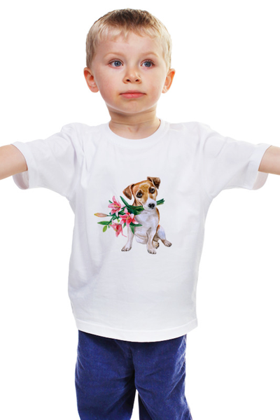 Заказать детскую футболку в Москве. Детская футболка классическая унисекс Цветы и пес от THE_NISE  - готовые дизайны и нанесение принтов.