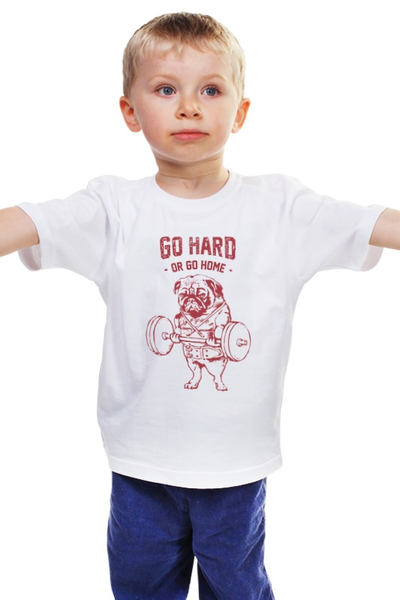 Заказать детскую футболку в Москве. Детская футболка классическая унисекс Мопс Штангист от printik - готовые дизайны и нанесение принтов.