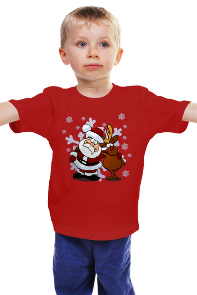 Заказать детскую футболку в Москве. Детская футболка классическая унисекс САНТА С ОЛЕНЕМ от cooldesign  - готовые дизайны и нанесение принтов.