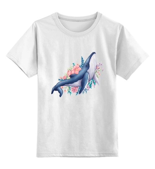 Заказать детскую футболку в Москве. Детская футболка классическая унисекс Синий кит с цветами от tigerda  - готовые дизайны и нанесение принтов.