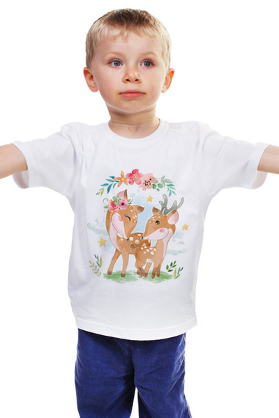 Заказать детскую футболку в Москве. Детская футболка классическая унисекс Два олененка гуляют на лужайке среди цветов от printeriumstore@gmail.com - готовые дизайны и нанесение принтов.