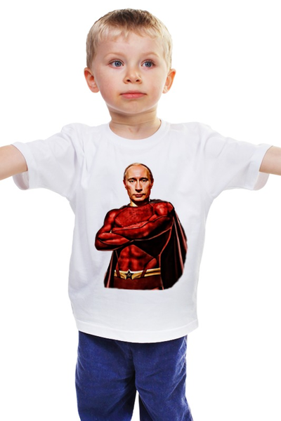 Заказать детскую футболку в Москве. Детская футболка классическая унисекс Путин Суперчеловек от emilkmoscow - готовые дизайны и нанесение принтов.