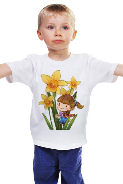 Заказать детскую футболку в Москве. Детская футболка классическая унисекс Девочка с нарциссами от dder - готовые дизайны и нанесение принтов.