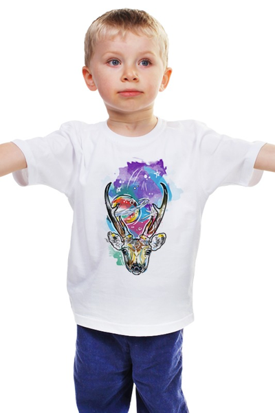 Заказать детскую футболку в Москве. Детская футболка классическая унисекс олень и космос от krolya_spb@mail.ru - готовые дизайны и нанесение принтов.
