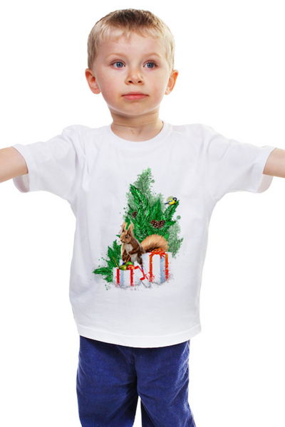 Заказать детскую футболку в Москве. Детская футболка классическая унисекс Белочка с подарками под елкой. от Zorgo-Art  - готовые дизайны и нанесение принтов.