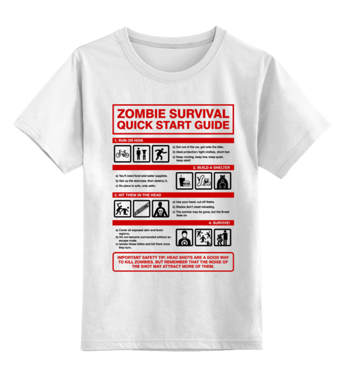 Заказать детскую футболку в Москве. Детская футболка классическая унисекс Зомби апокалипсис. Инструкция по выживанию от geekbox - готовые дизайны и нанесение принтов.