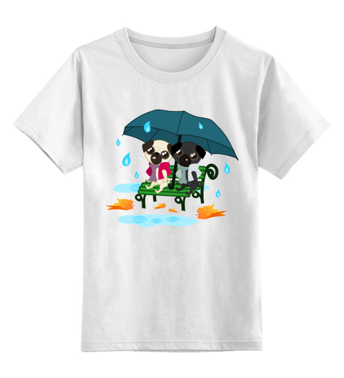 Заказать детскую футболку в Москве. Детская футболка классическая унисекс Мопсы на скамейке под зонтиком от NorrD - готовые дизайны и нанесение принтов.