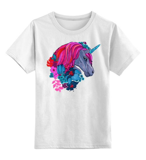 Заказать детскую футболку в Москве. Детская футболка классическая унисекс Единорог с розовыми волосами в цветах от eszadesign - готовые дизайны и нанесение принтов.
