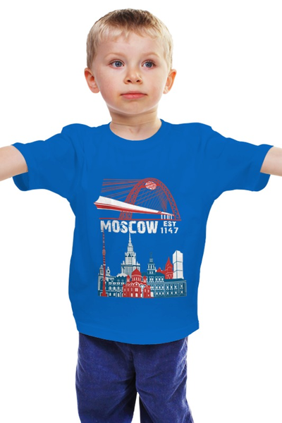 Заказать детскую футболку в Москве. Детская футболка классическая унисекс Moscow. Establshed in 1147 от alexpro - готовые дизайны и нанесение принтов.