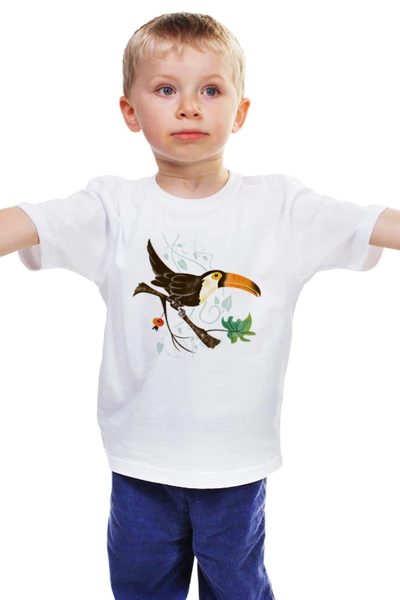 Заказать детскую футболку в Москве. Детская футболка классическая унисекс Тукан среди лиан от ELENA ZHARINOVA - готовые дизайны и нанесение принтов.