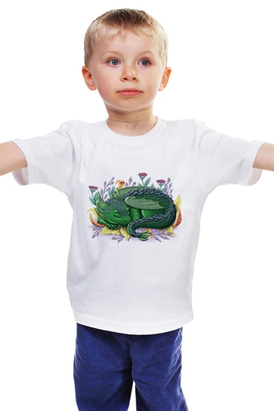 Заказать детскую футболку в Москве. Детская футболка классическая унисекс Зеленый дракон в листьях от tigerda  - готовые дизайны и нанесение принтов.