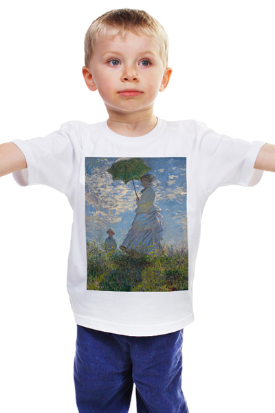 Заказать детскую футболку в Москве. Детская футболка классическая унисекс Дама с зонтиком — Мадам Моне со своим сыном от trend - готовые дизайны и нанесение принтов.
