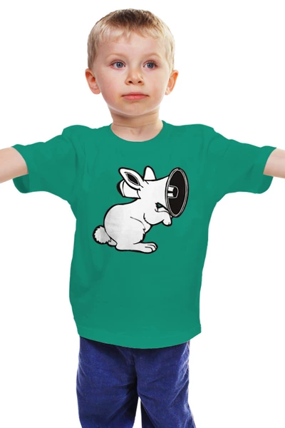 Заказать детскую футболку в Москве. Детская футболка классическая унисекс Кролик мегафон от skynatural - готовые дизайны и нанесение принтов.