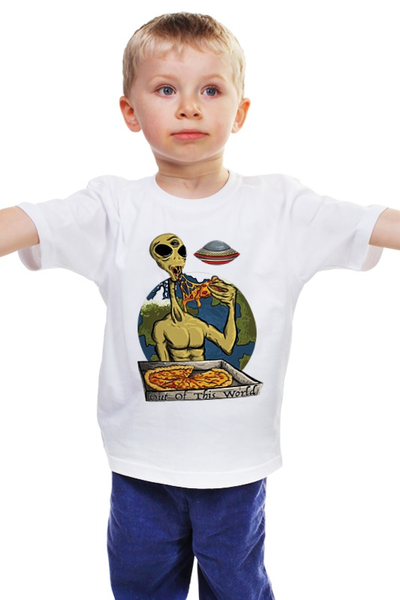 Заказать детскую футболку в Москве. Детская футболка классическая унисекс НЛО ест пиццу от ПРИНТЫ ПЕЧАТЬ  - готовые дизайны и нанесение принтов.