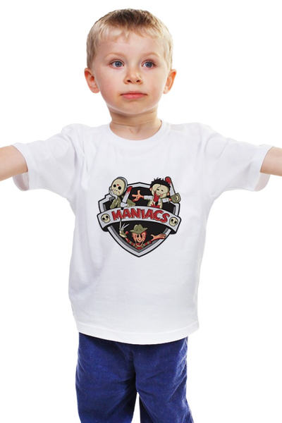 Заказать детскую футболку в Москве. Детская футболка классическая унисекс Super Maniacs от skynatural - готовые дизайны и нанесение принтов.