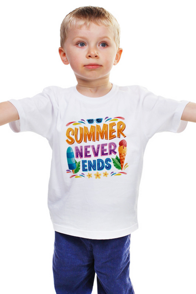 Заказать детскую футболку в Москве. Детская футболка классическая унисекс SUMMER NEVER ENDS от balden - готовые дизайны и нанесение принтов.