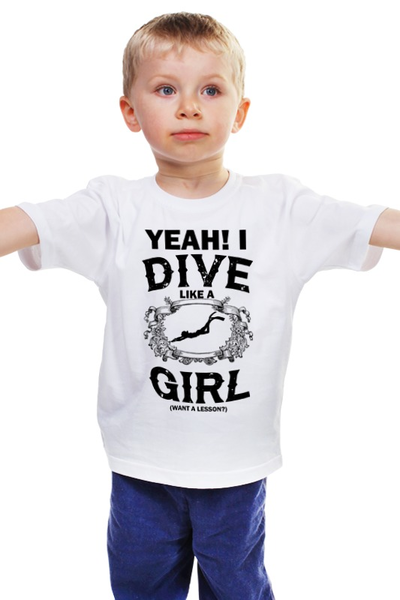 Заказать детскую футболку в Москве. Детская футболка классическая унисекс Dive like a Girl от enjoydiving - готовые дизайны и нанесение принтов.