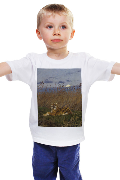 Заказать детскую футболку в Москве. Детская футболка классическая унисекс Тигр среди камышей в лунном свете (Вастаж Геза) от trend - готовые дизайны и нанесение принтов.