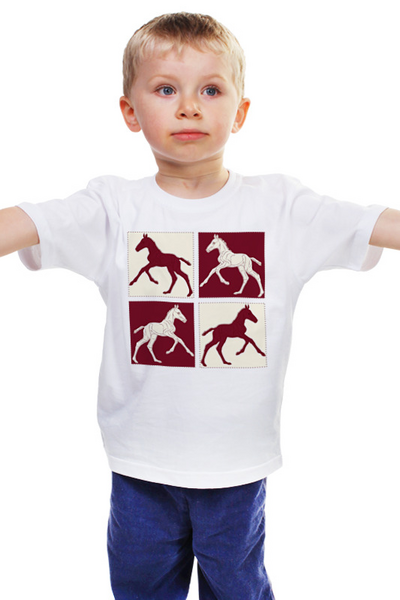 Заказать детскую футболку в Москве. Детская футболка классическая унисекс Жеребята на красном и бежевом фоне от tsumehoshizora@gmail.com - готовые дизайны и нанесение принтов.