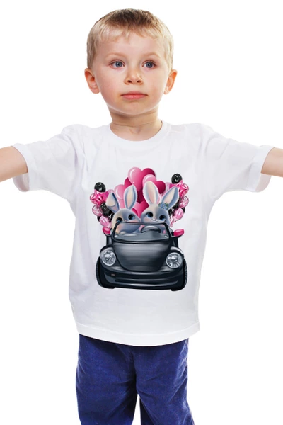 Заказать детскую футболку в Москве. Детская футболка классическая унисекс Влюбленные зайцы на машине от Марина  - готовые дизайны и нанесение принтов.