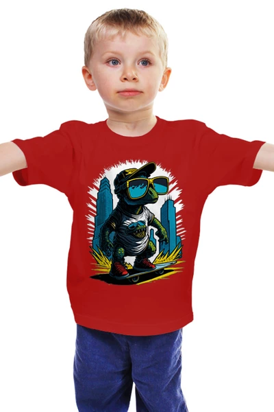 Заказать детскую футболку в Москве. Детская футболка классическая унисекс Динозавр скейтбордист от ustinoff1@yandex.ru - готовые дизайны и нанесение принтов.