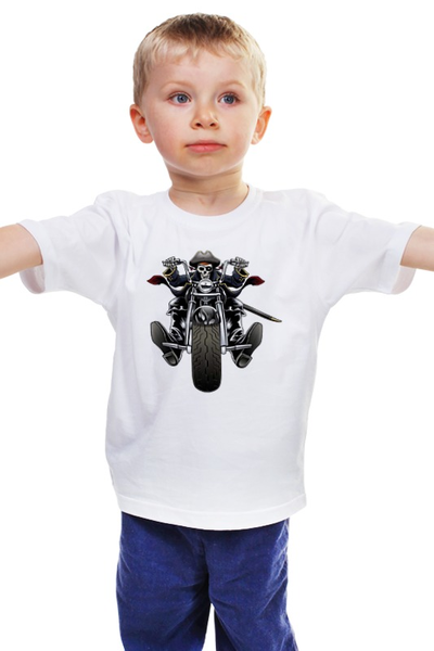 Заказать детскую футболку в Москве. Детская футболка классическая унисекс Скелетон на мотоцикле от T-shirt print  - готовые дизайны и нанесение принтов.