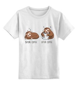 Заказать детскую футболку в Москве. Детская футболка классическая унисекс Ленивец - до кофе, после кофе от MariYang  - готовые дизайны и нанесение принтов.