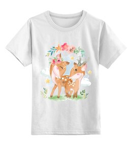 Заказать детскую футболку в Москве. Детская футболка классическая унисекс Два олененка гуляют на лужайке среди цветов от printeriumstore@gmail.com - готовые дизайны и нанесение принтов.