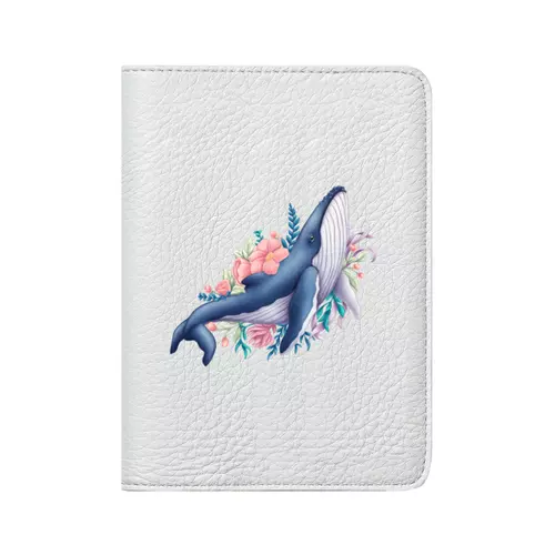 Заказать обложку для паспорта в Москве. Кожаная обложка для паспорта Синий кит с цветами от tigerda  - готовые дизайны и нанесение принтов.