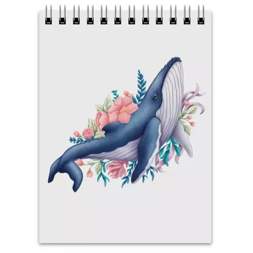 Заказать блокнот в Москве. Блокнот Синий кит с цветами от tigerda  - готовые дизайны и нанесение принтов.