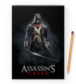 Заказать блокнот в Москве. Блокнот на пружине А4 Assassins Creed (Unity Arno) от Аня Лукьянова - готовые дизайны и нанесение принтов.