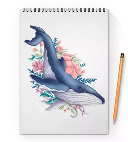 Заказать блокнот в Москве. Блокнот на пружине А4 Синий кит с цветами от tigerda  - готовые дизайны и нанесение принтов.