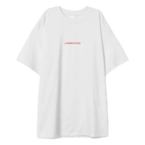 Заказать мужскую футболку в Москве. Футболка оверсайз PURRFECTION White/Red от fortycatsmusic@gmail.com - готовые дизайны и нанесение принтов.
