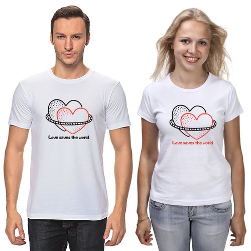 Заказать парные футболки в Москве. Футболки парные Love saves the world от ksenia_nvart@mail.ru - готовые дизайны и нанесение принтов.