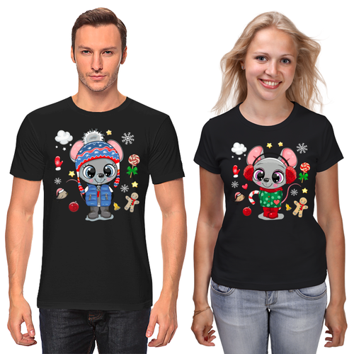 Заказать парные футболки в Москве. Футболки парные Новый год     (мышки) от T-shirt print  - готовые дизайны и нанесение принтов.