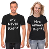 Заказать парные футболки в Москве. Футболки парные Mrs. always right & Mr. never right Black от Михаил Илюхин - готовые дизайны и нанесение принтов.