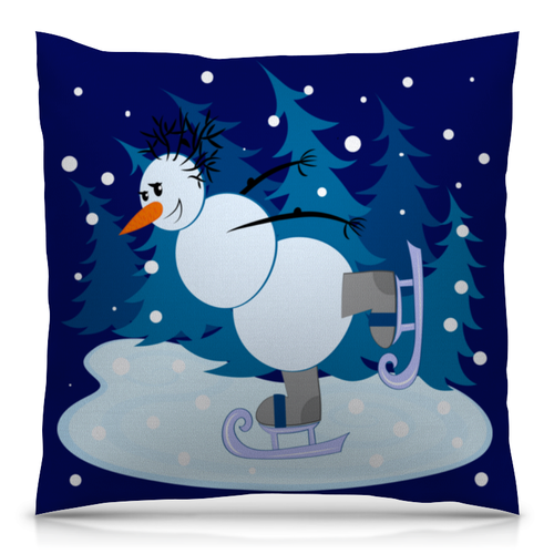 Заказать подушку в Москве. Подушка 40x40 см с полной запечаткой Снеговик среди голубых елок катается на коньках от p_i_r_a_n_y_a  - готовые дизайны и нанесение принтов.