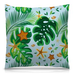 Заказать подушку в Москве. Подушка 40x40 см с полной запечаткой Тропические листья и морские звезды от IrinkaArt  - готовые дизайны и нанесение принтов.