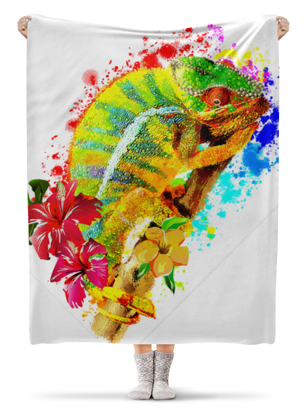 Printio Плед флисовый 130×170 см Хамелеон с цветами в пятнах краски.