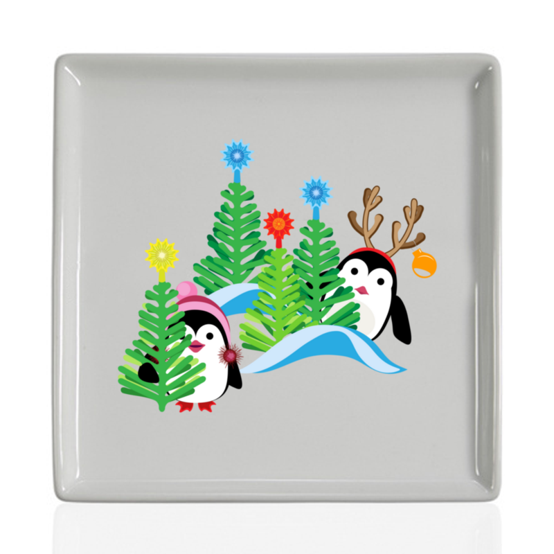 тарелка дракончик квадратная береста Printio Тарелка квадратная Пингвины в новогоднем лесу