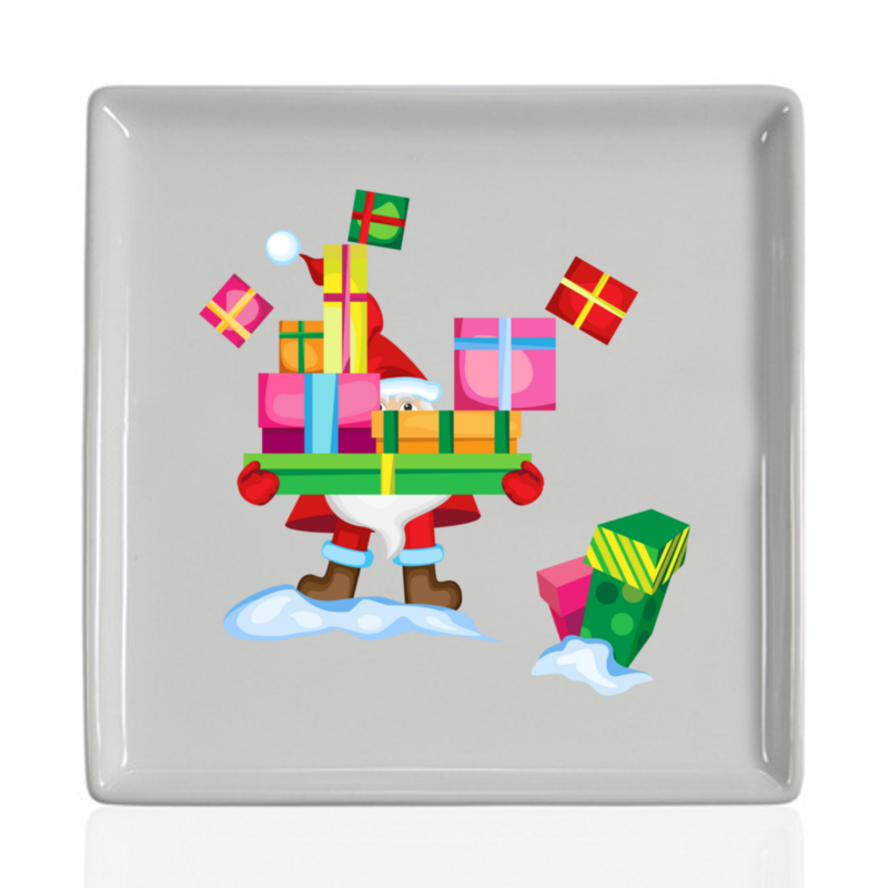 дед мороз проказник Printio Тарелка квадратная Дед мороз с горой подарков